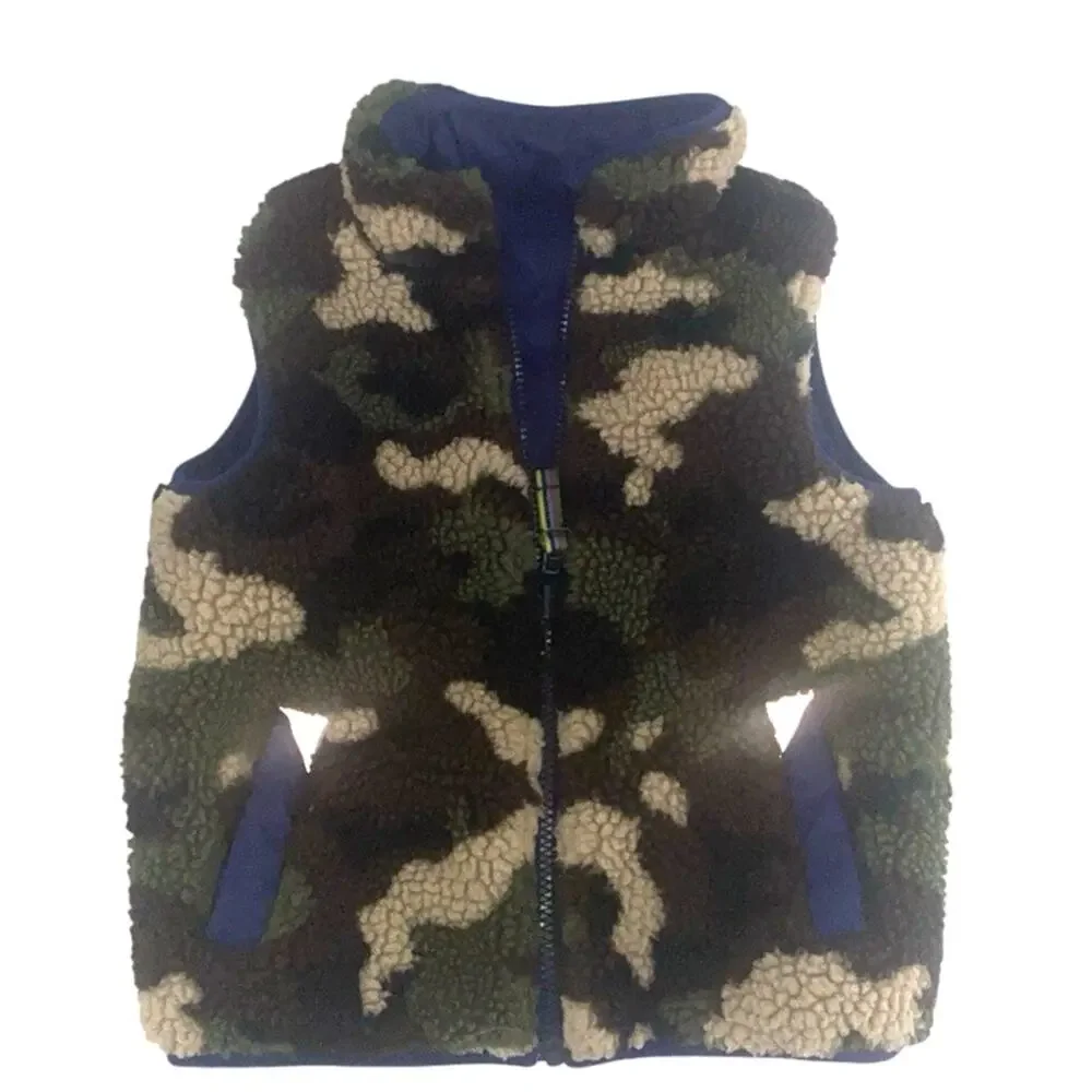 Mini Boden Reversible Camo Sherpa /blue Full Zip Vest Boys 3-4Y
